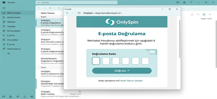 OnlySpin E-posta Doğrulama Adımı